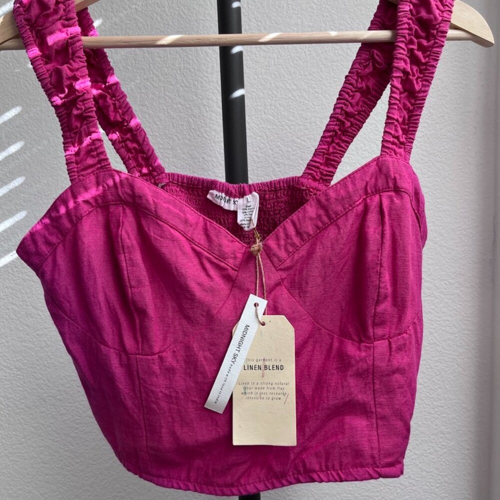 Midnight Sky Linen Blend Ruched Strap Crop Top in Fuchsia Pink – Size L